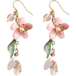 Women's Cute Pink Flower Dangle Pearl Leaf Sakura Fairy Cherry Blossom Earrings